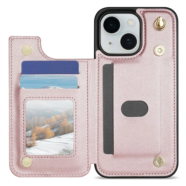 Custodia per iPhone 15 con cinturino da polso, slot per schede, pelle a rombi + copertura in TPU - Rosa oro