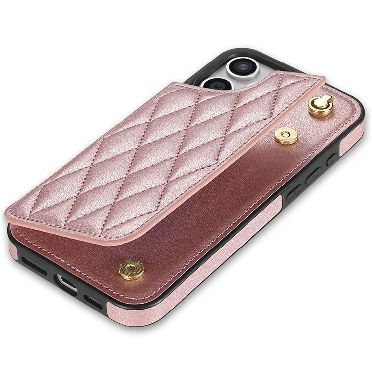 Custodia per iPhone 15 con cinturino da polso, slot per schede, pelle a rombi + copertura in TPU - Rosa oro