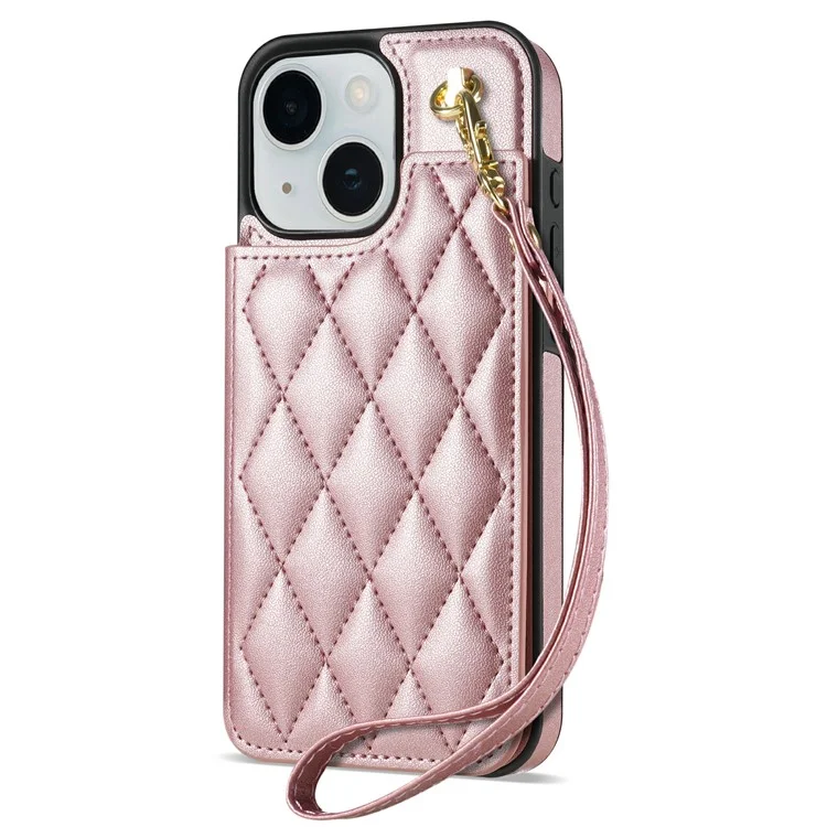 Custodia per iPhone 15 con cinturino da polso, slot per schede, pelle a rombi + copertura in TPU - Rosa oro