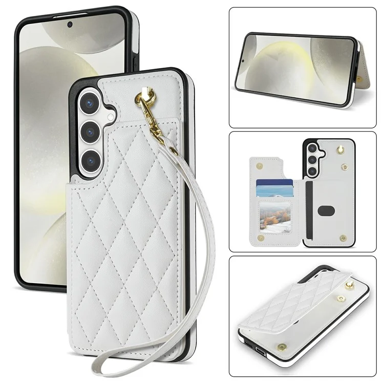 Für Samsung Galaxy A16 5G / 4G Hülle mit Handschlaufe, Kartenschlitzen, Rhombus-Leder + TPU-Handyhülle - Weiß