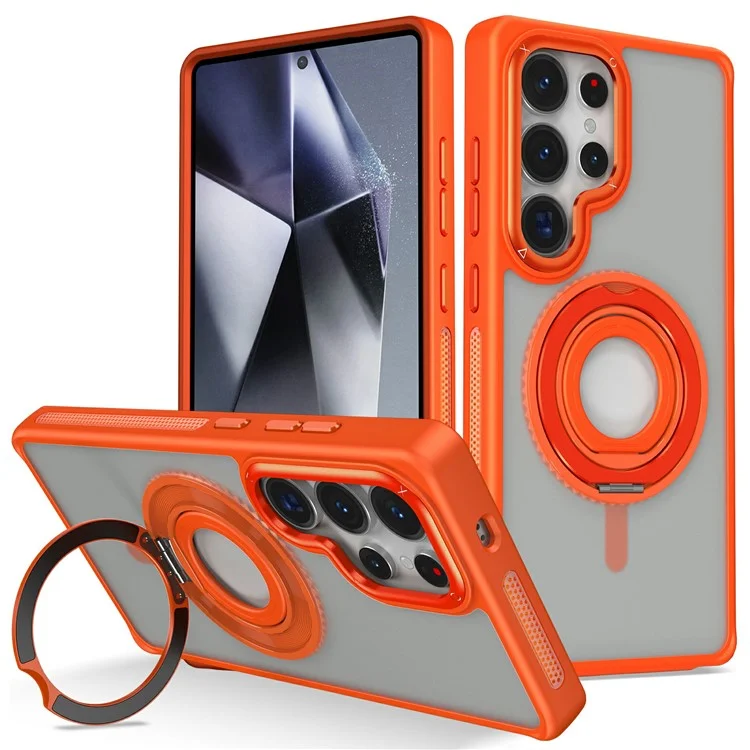 Funda para Samsung Galaxy S25 Ultra de TPU+PC con placa trasera mate y anillo de silicona con soporte - Naranja