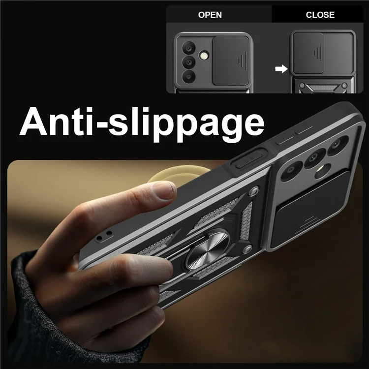 Capa para Samsung Galaxy A26 5G com tampa deslizante da câmera PC+TPU com suporte - Preta
