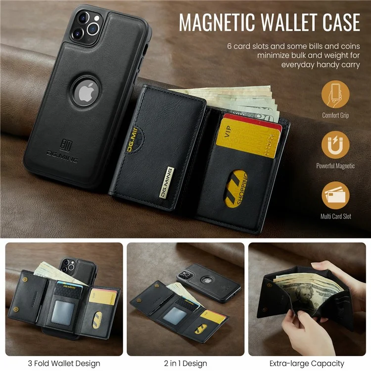 DG.MING M6 Series Magnetische Geldbörse Hülle für iPhone 11 Pro Max aus PU+PC+TPU - Schwarz