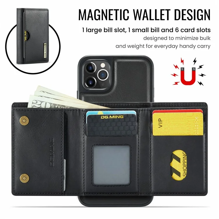 DG.MING M6 Series Magnetische Geldbörse Hülle für iPhone 11 Pro Max aus PU+PC+TPU - Schwarz