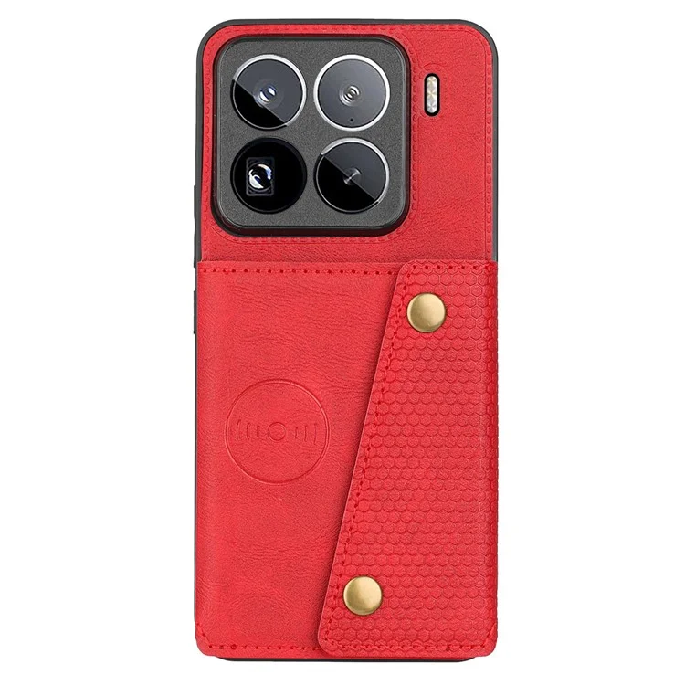 Capa para Xiaomi 15 Pro com slots para cartões, suporte e cobertura de couro + TPU - Vermelha