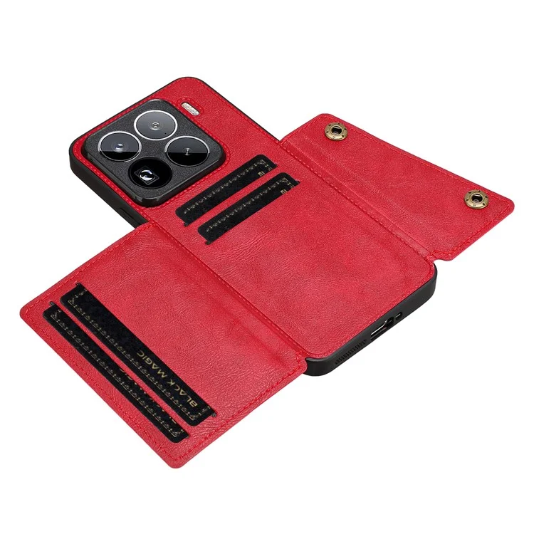 Capa para Xiaomi 15 Pro com slots para cartões, suporte e cobertura de couro + TPU - Vermelha