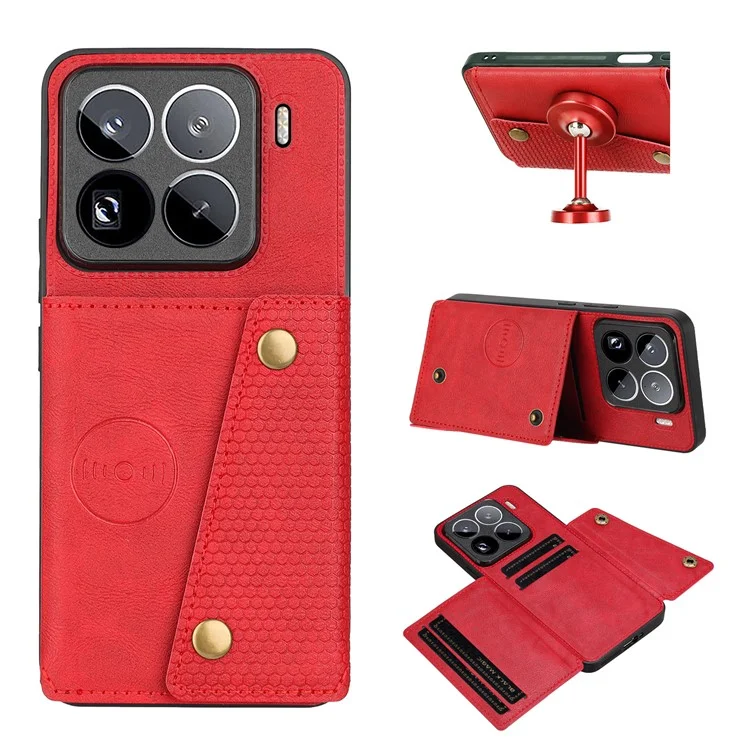 Capa para Xiaomi 15 Pro com slots para cartões, suporte e cobertura de couro + TPU - Vermelha