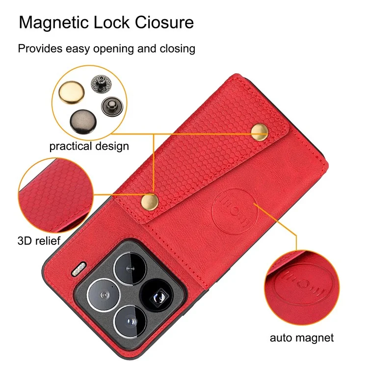 Capa para Xiaomi 15 Pro com slots para cartões, suporte e cobertura de couro + TPU - Vermelha