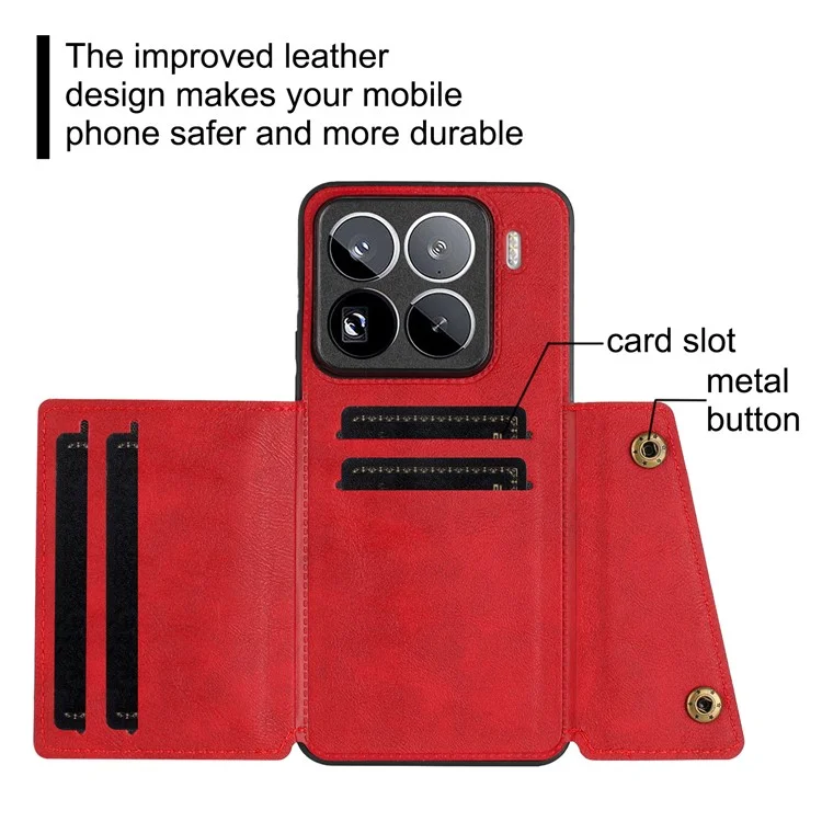 Capa para Xiaomi 15 Pro com slots para cartões, suporte e cobertura de couro + TPU - Vermelha