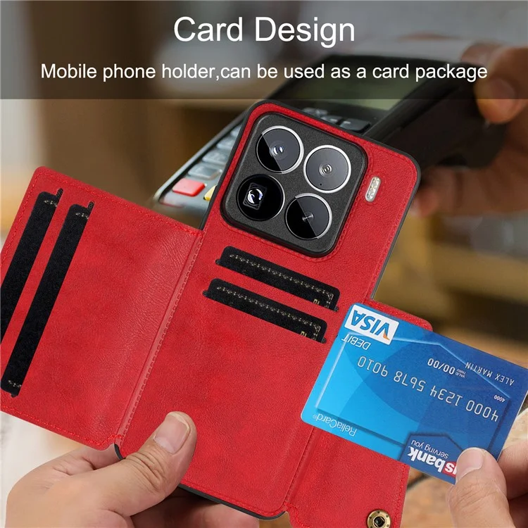 Capa para Xiaomi 15 Pro com slots para cartões, suporte e cobertura de couro + TPU - Vermelha