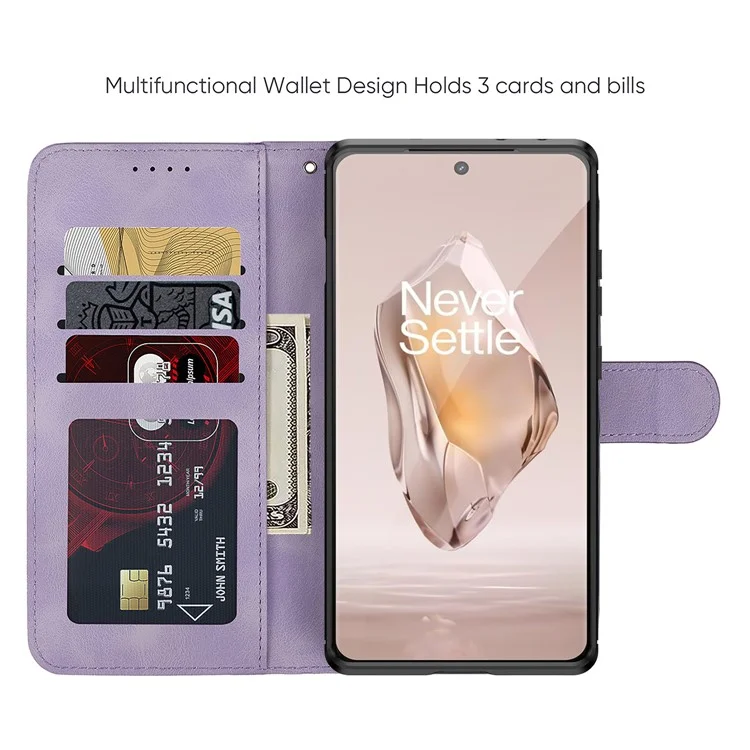 Чехол-подставка из кожи с линейным узором для OnePlus 12R 5G / Ace 3 5G - фиолетовый