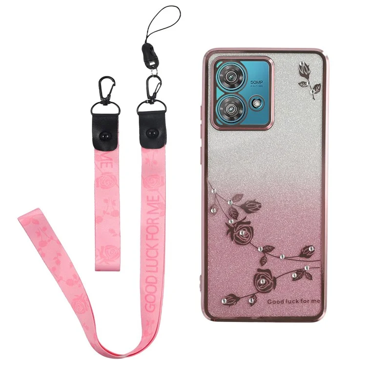 KADEM Hülle für Motorola Edge 40 Neo 5G, Blumenmuster, TPU-Gradient, Handyhülle mit Schlüsselbändern - Roségold