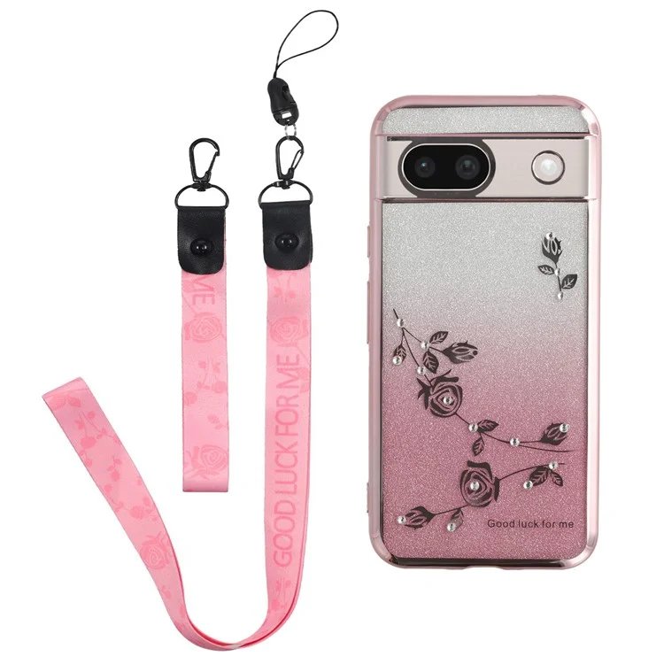 KADEM Hülle für Google Pixel 8a, Blumenmuster, TPU-Gradient, Telefonabdeckung mit Schlüsselbändern - Roségold