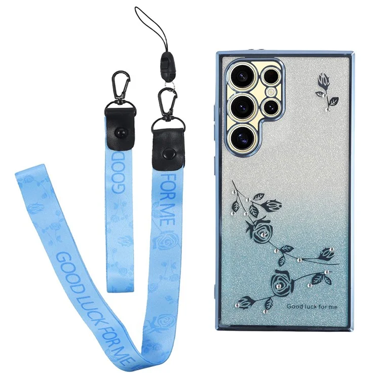 Custodia per Samsung Galaxy S25 Ultra KADEM con motivo floreale in TPU sfumato e cordino - Blu