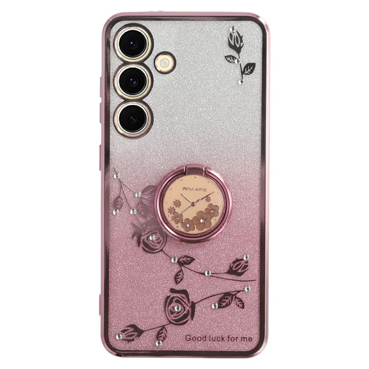 Funda para Samsung Galaxy S25 de KADEM con anillo y soporte, cubierta de teléfono de TPU con flores y brillo degradado - Oro rosa
