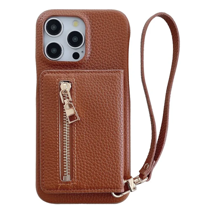 Funda para iPhone 16 Pro Max con ranuras para tarjetas, soporte, cubierta trasera de piel sintética con bolsillo con cremallera y correa para la muñeca - Marrón oscuro