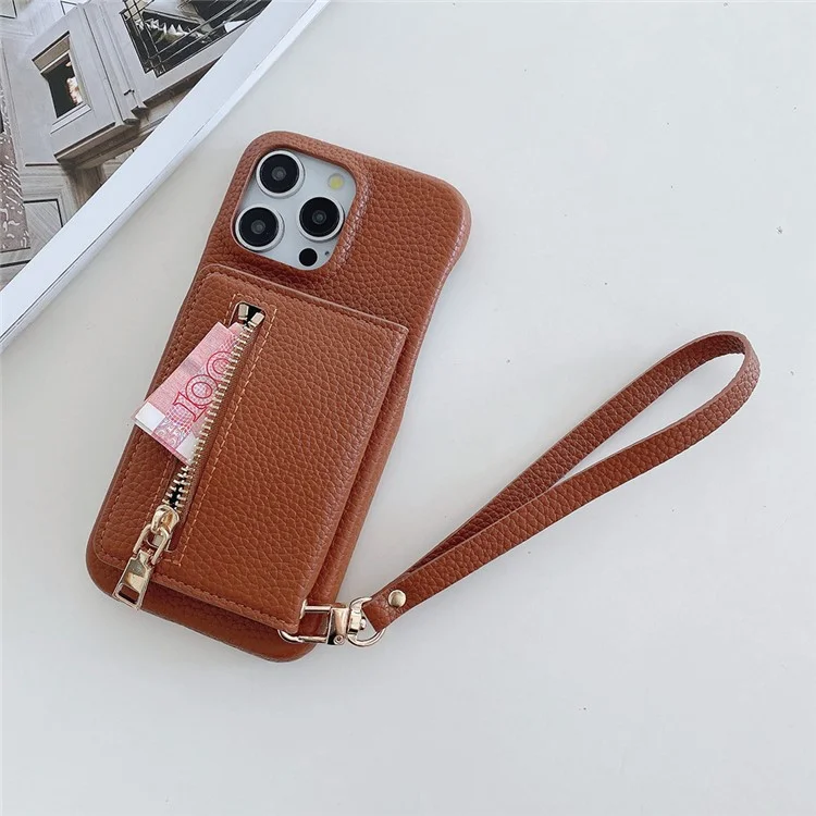 Funda para iPhone 16 Pro Max con ranuras para tarjetas, soporte, cubierta trasera de piel sintética con bolsillo con cremallera y correa para la muñeca - Marrón oscuro