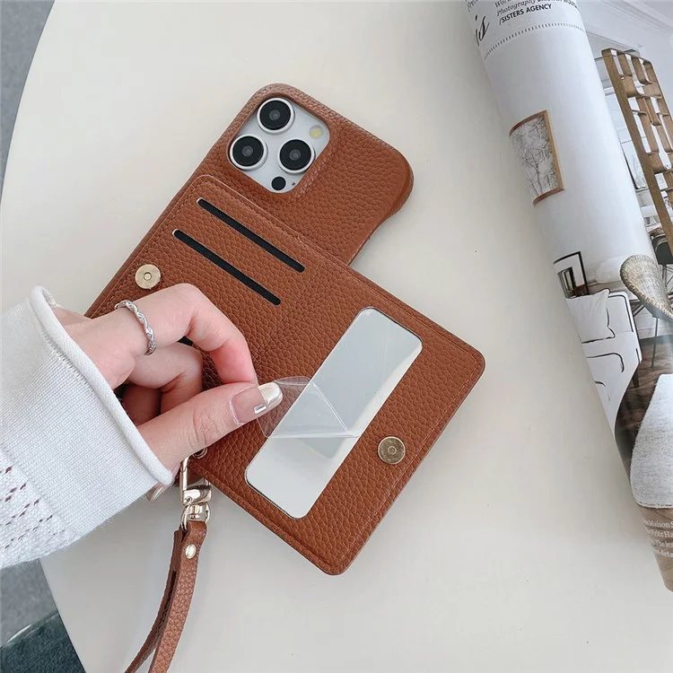 Funda para iPhone 16 Pro Max con ranuras para tarjetas, soporte, cubierta trasera de piel sintética con bolsillo con cremallera y correa para la muñeca - Marrón oscuro