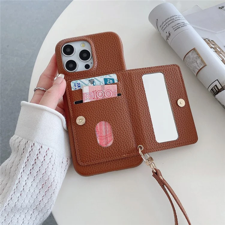 Funda para iPhone 16 Pro Max con ranuras para tarjetas, soporte, cubierta trasera de piel sintética con bolsillo con cremallera y correa para la muñeca - Marrón oscuro