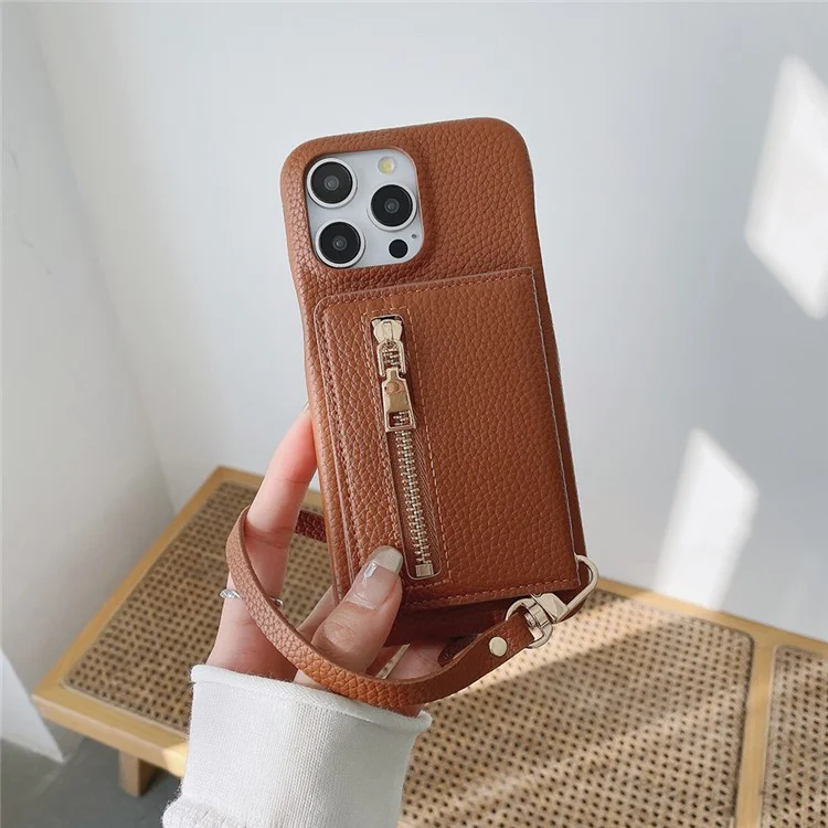 Funda para iPhone 16 Pro Max con ranuras para tarjetas, soporte, cubierta trasera de piel sintética con bolsillo con cremallera y correa para la muñeca - Marrón oscuro