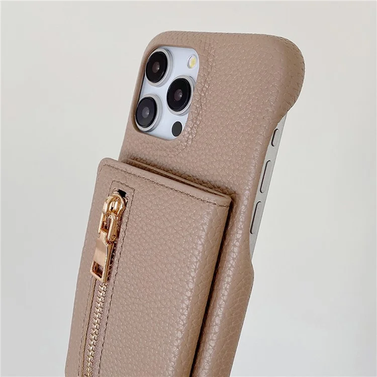 Capa para iPhone 16 Pro com slots para cartões, suporte, cobertura traseira de couro PU com bolso com zíper e alça de pulso - Marrom claro