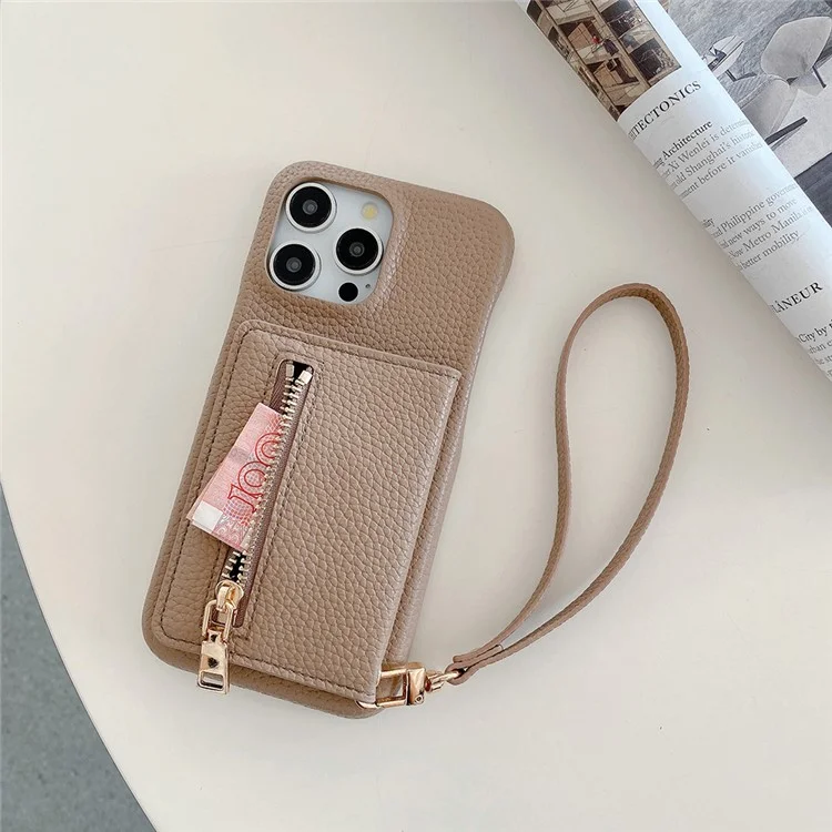 Capa para iPhone 16 Pro com slots para cartões, suporte, cobertura traseira de couro PU com bolso com zíper e alça de pulso - Marrom claro