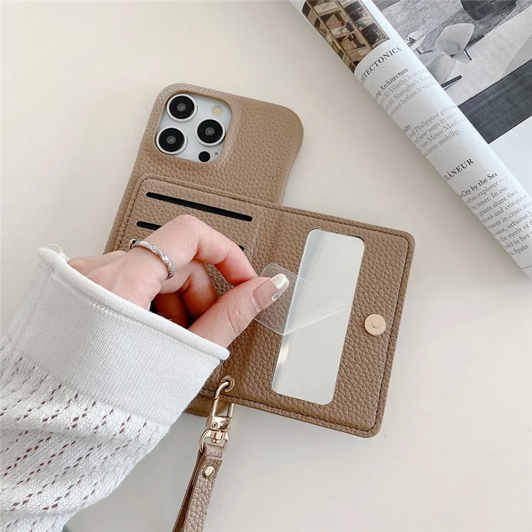 Capa para iPhone 16 Pro com slots para cartões, suporte, cobertura traseira de couro PU com bolso com zíper e alça de pulso - Marrom claro