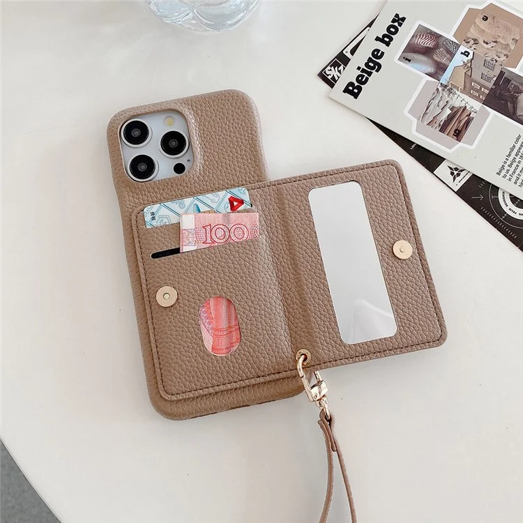 Capa para iPhone 16 Pro com slots para cartões, suporte, cobertura traseira de couro PU com bolso com zíper e alça de pulso - Marrom claro