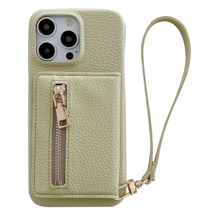 Funda para iPhone 15 Pro Max con ranuras para tarjetas, soporte, cubierta posterior de piel PU con bolsillo con cremallera y correa para la muñeca - Verde