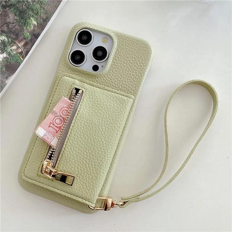 Funda para iPhone 15 Pro Max con ranuras para tarjetas, soporte, cubierta posterior de piel PU con bolsillo con cremallera y correa para la muñeca - Verde