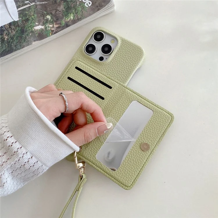 Funda para iPhone 15 Pro Max con ranuras para tarjetas, soporte, cubierta posterior de piel PU con bolsillo con cremallera y correa para la muñeca - Verde