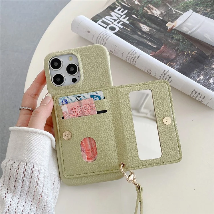 Funda para iPhone 15 Pro Max con ranuras para tarjetas, soporte, cubierta posterior de piel PU con bolsillo con cremallera y correa para la muñeca - Verde