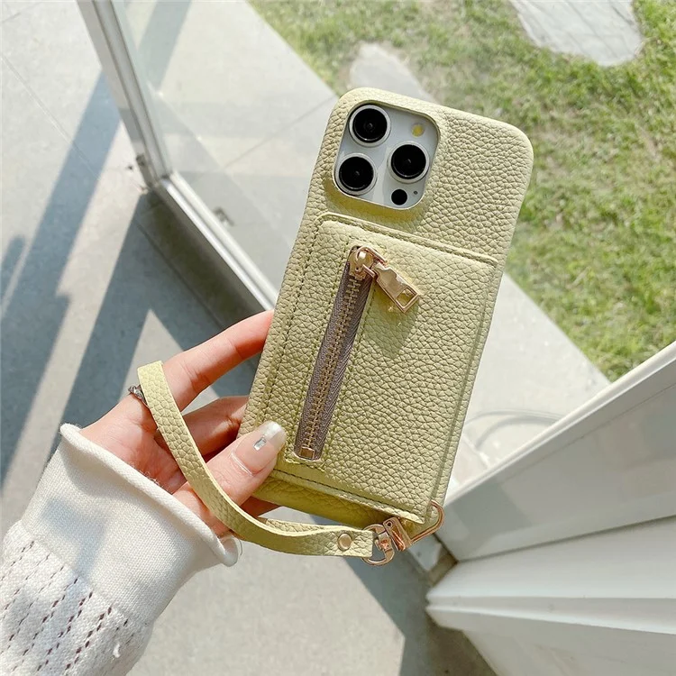 Funda para iPhone 15 Pro Max con ranuras para tarjetas, soporte, cubierta posterior de piel PU con bolsillo con cremallera y correa para la muñeca - Verde