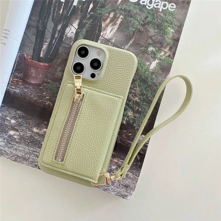 Funda para iPhone 15 Pro Max con ranuras para tarjetas, soporte, cubierta posterior de piel PU con bolsillo con cremallera y correa para la muñeca - Verde