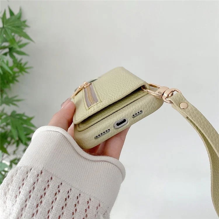 Funda para iPhone 15 Pro Max con ranuras para tarjetas, soporte, cubierta posterior de piel PU con bolsillo con cremallera y correa para la muñeca - Verde