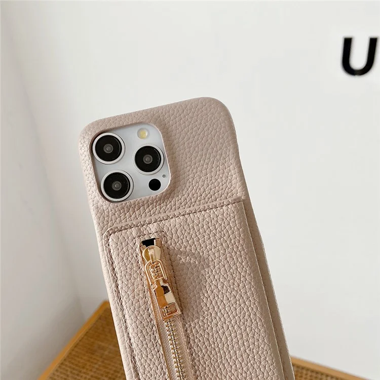 Capa para iPhone 15 Pro com slots para cartão, suporte, cobertura traseira de couro sintético com bolso com zíper e alça de pulso - Cinza