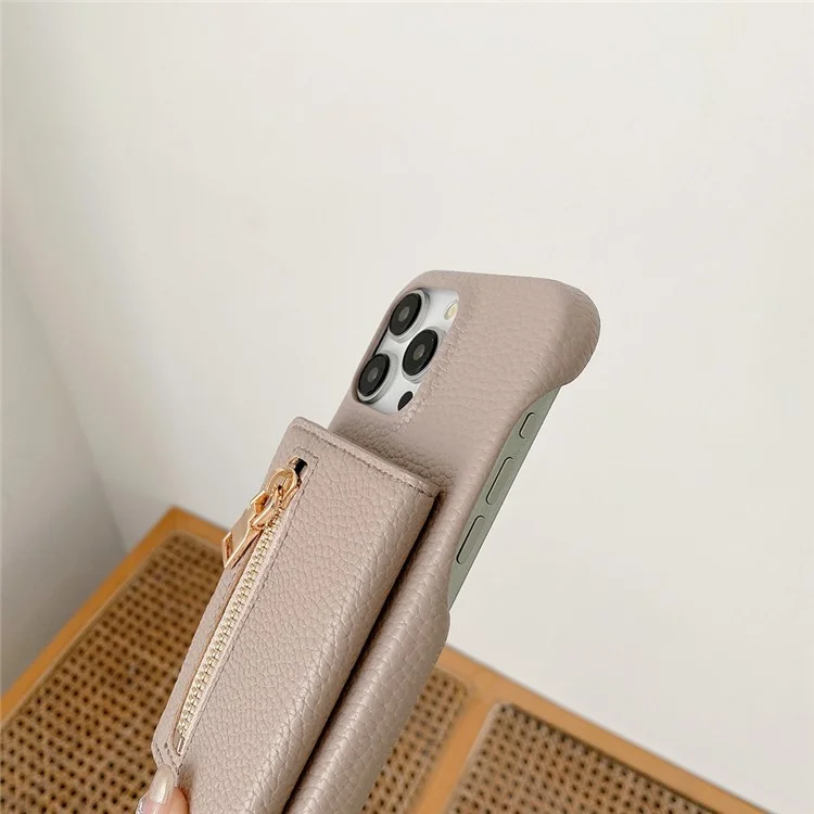 Capa para iPhone 15 Pro com slots para cartão, suporte, cobertura traseira de couro sintético com bolso com zíper e alça de pulso - Cinza