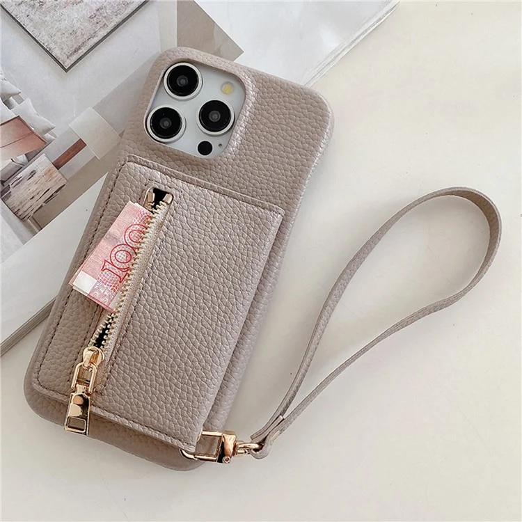 Capa para iPhone 15 Pro com slots para cartão, suporte, cobertura traseira de couro sintético com bolso com zíper e alça de pulso - Cinza