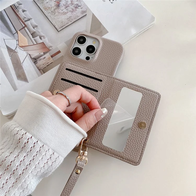 Capa para iPhone 15 Pro com slots para cartão, suporte, cobertura traseira de couro sintético com bolso com zíper e alça de pulso - Cinza