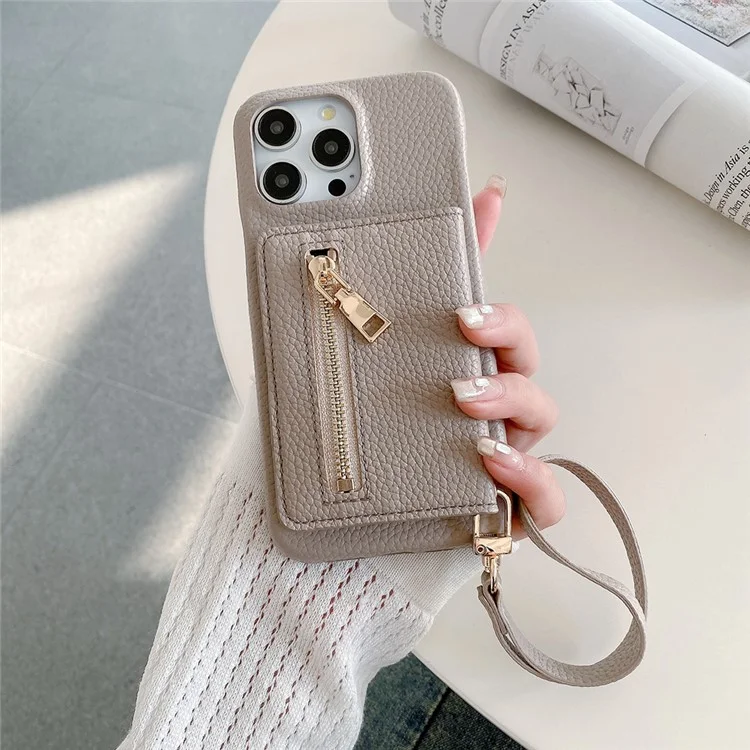 Capa para iPhone 15 Pro com slots para cartão, suporte, cobertura traseira de couro sintético com bolso com zíper e alça de pulso - Cinza