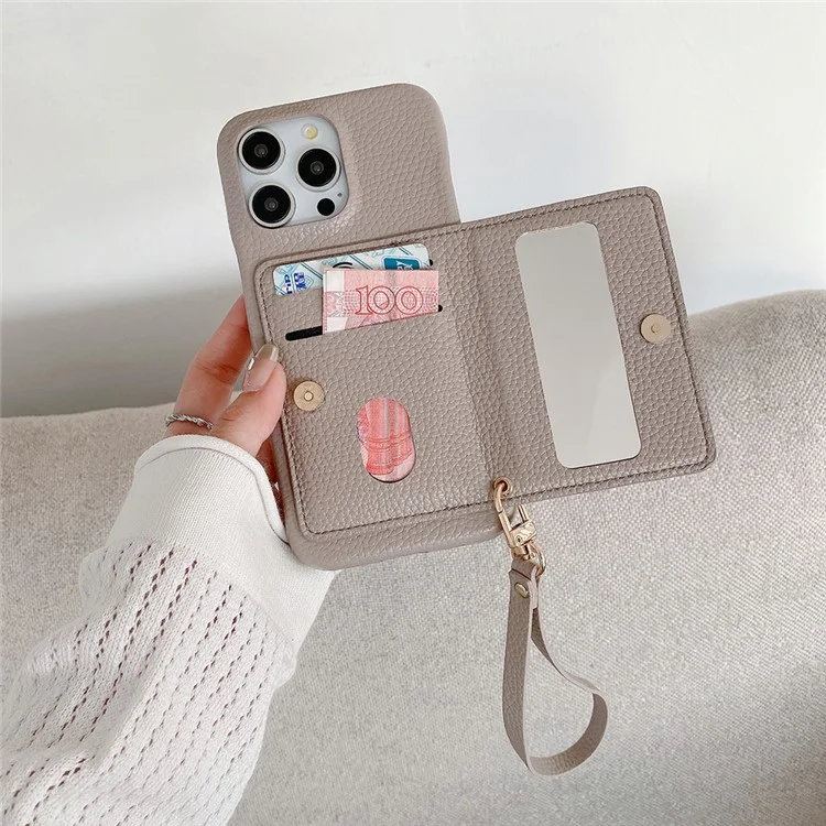 Capa para iPhone 15 Pro com slots para cartão, suporte, cobertura traseira de couro sintético com bolso com zíper e alça de pulso - Cinza