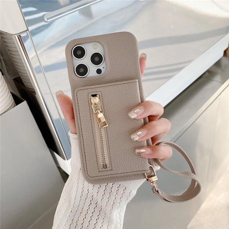 Capa para iPhone 15 Pro com slots para cartão, suporte, cobertura traseira de couro sintético com bolso com zíper e alça de pulso - Cinza