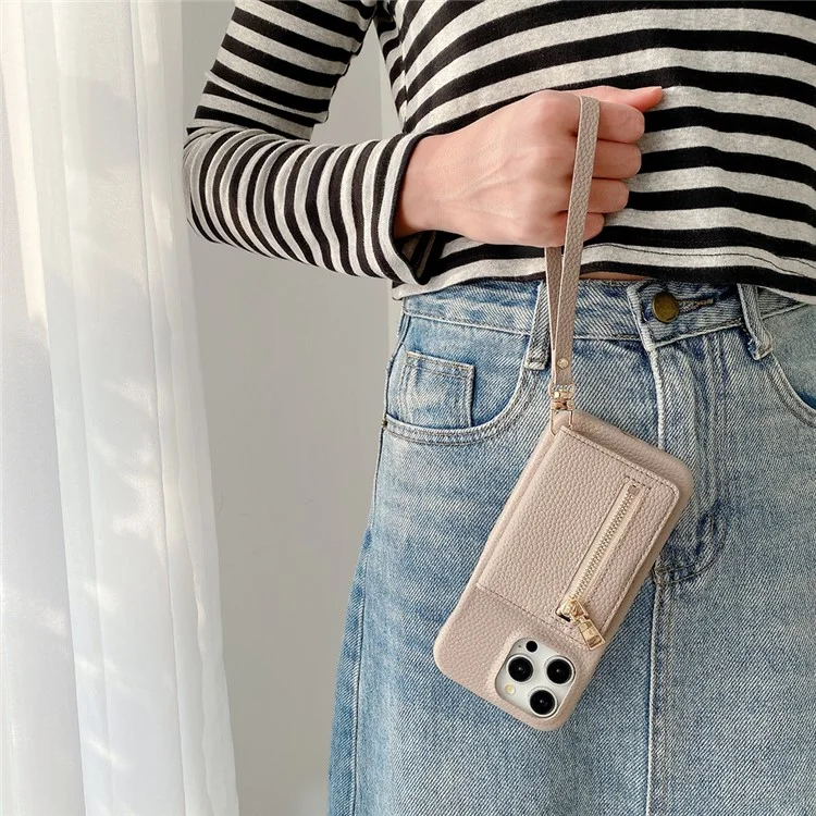 Capa para iPhone 15 Pro com slots para cartão, suporte, cobertura traseira de couro sintético com bolso com zíper e alça de pulso - Cinza