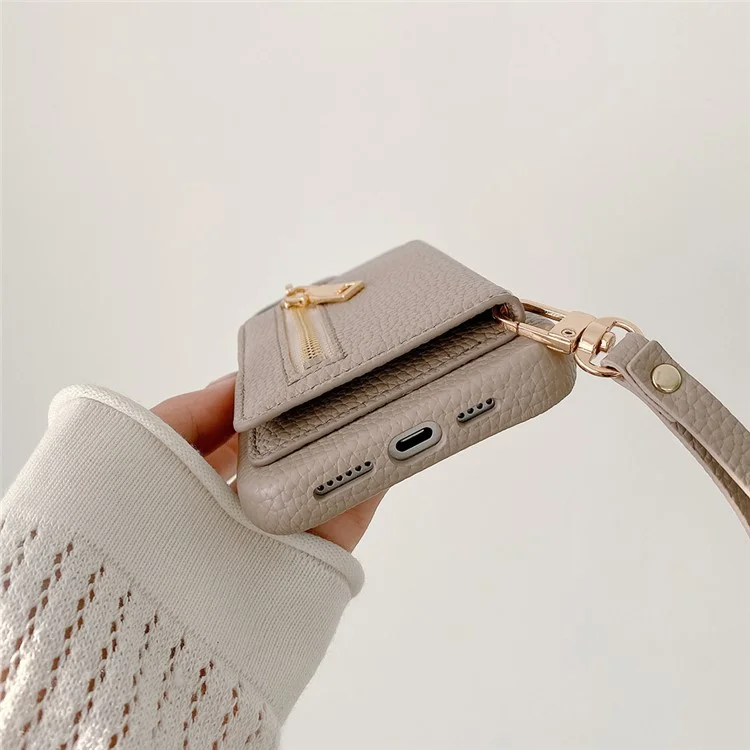 Capa para iPhone 15 Pro com slots para cartão, suporte, cobertura traseira de couro sintético com bolso com zíper e alça de pulso - Cinza