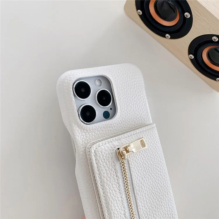 Capa para iPhone 14 Pro Max com compartimentos para cartões, suporte, cobertura traseira de couro PU com bolso com zíper e alça de pulso - Branco