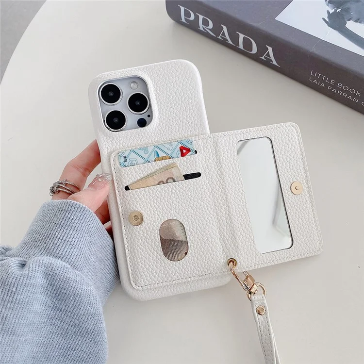 Capa para iPhone 14 Pro Max com compartimentos para cartões, suporte, cobertura traseira de couro PU com bolso com zíper e alça de pulso - Branco