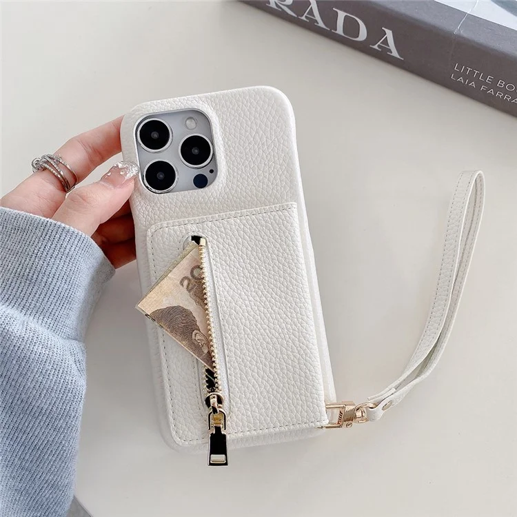 Capa para iPhone 14 Pro Max com compartimentos para cartões, suporte, cobertura traseira de couro PU com bolso com zíper e alça de pulso - Branco