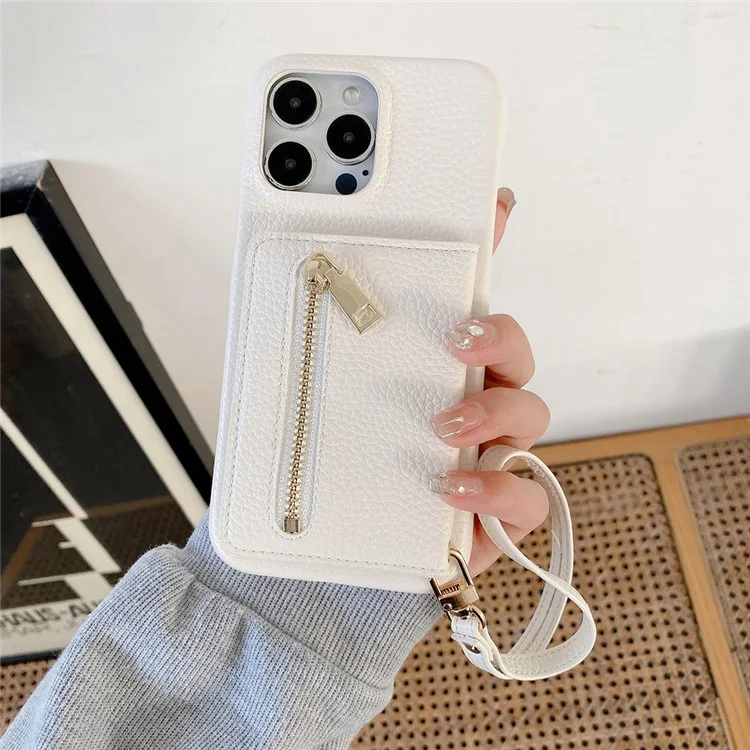Capa para iPhone 14 Pro Max com compartimentos para cartões, suporte, cobertura traseira de couro PU com bolso com zíper e alça de pulso - Branco