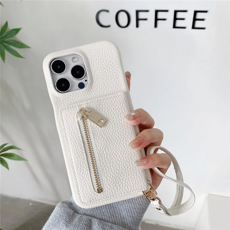 Capa para iPhone 14 Pro Max com compartimentos para cartões, suporte, cobertura traseira de couro PU com bolso com zíper e alça de pulso - Branco