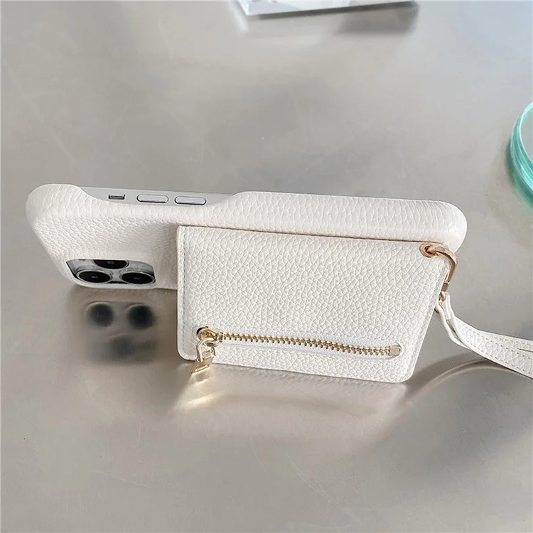 Capa para iPhone 14 Pro Max com compartimentos para cartões, suporte, cobertura traseira de couro PU com bolso com zíper e alça de pulso - Branco